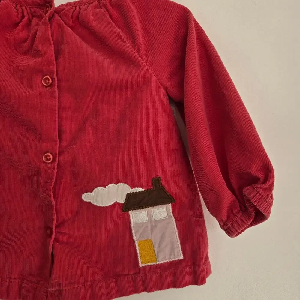 Baby Boden Girl Pink Corduroy Dress House Applique Long Sleeve 6-12 Months